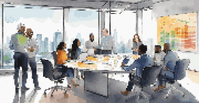 A diverse group of entrepreneurs in a bright conference room, discussing strategies with laptops open and city skyline in the background.