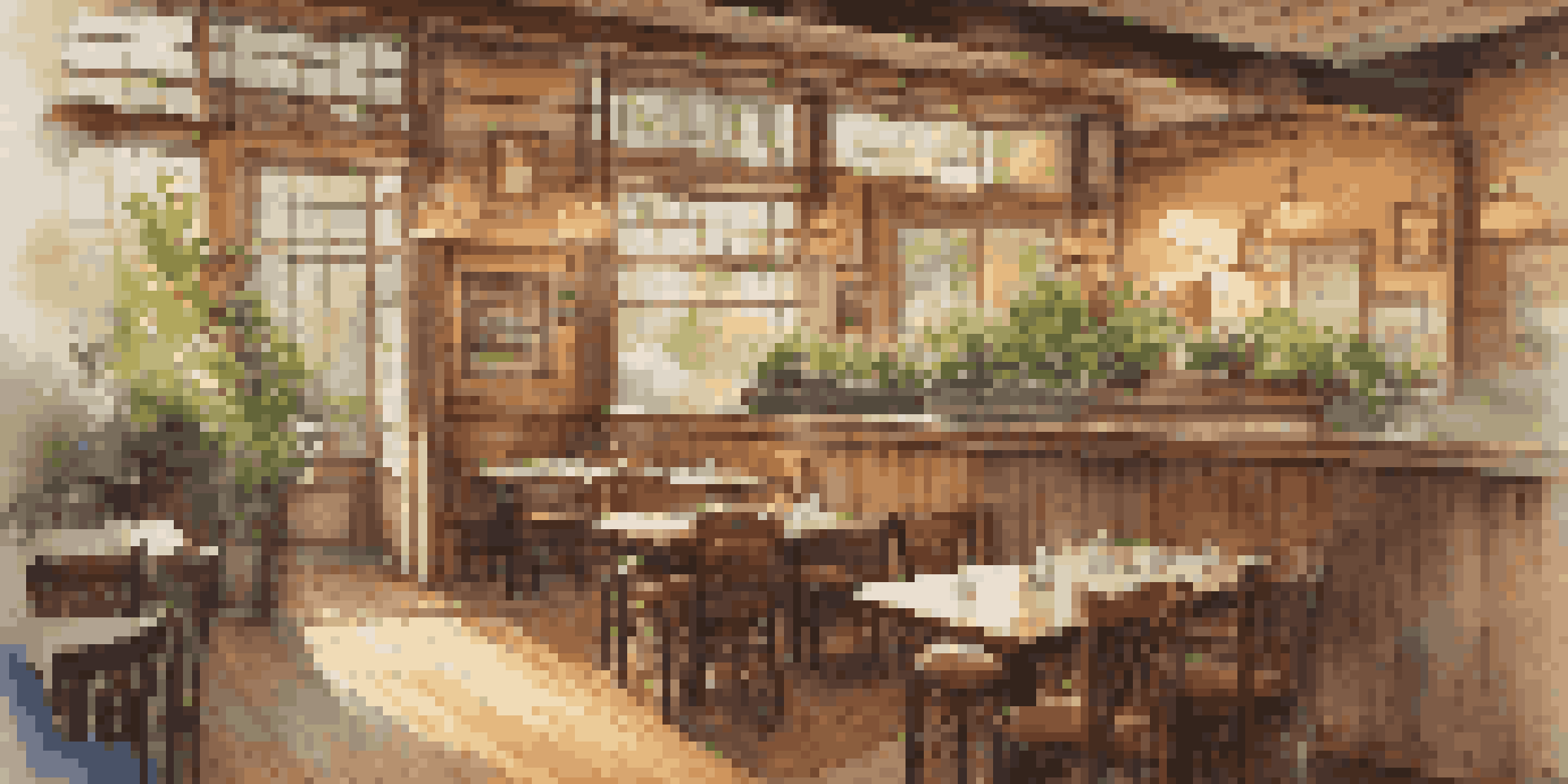 A cozy family-owned restaurant with wooden interiors, soft lighting, and family photographs on the walls.