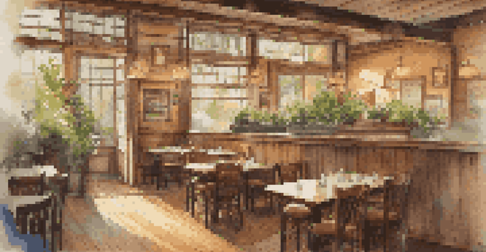 A cozy family-owned restaurant with wooden interiors, soft lighting, and family photographs on the walls.