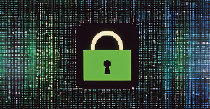 A close-up of a digital lock symbol on a computer screen with binary code in the background, illuminated in blue and green lights.