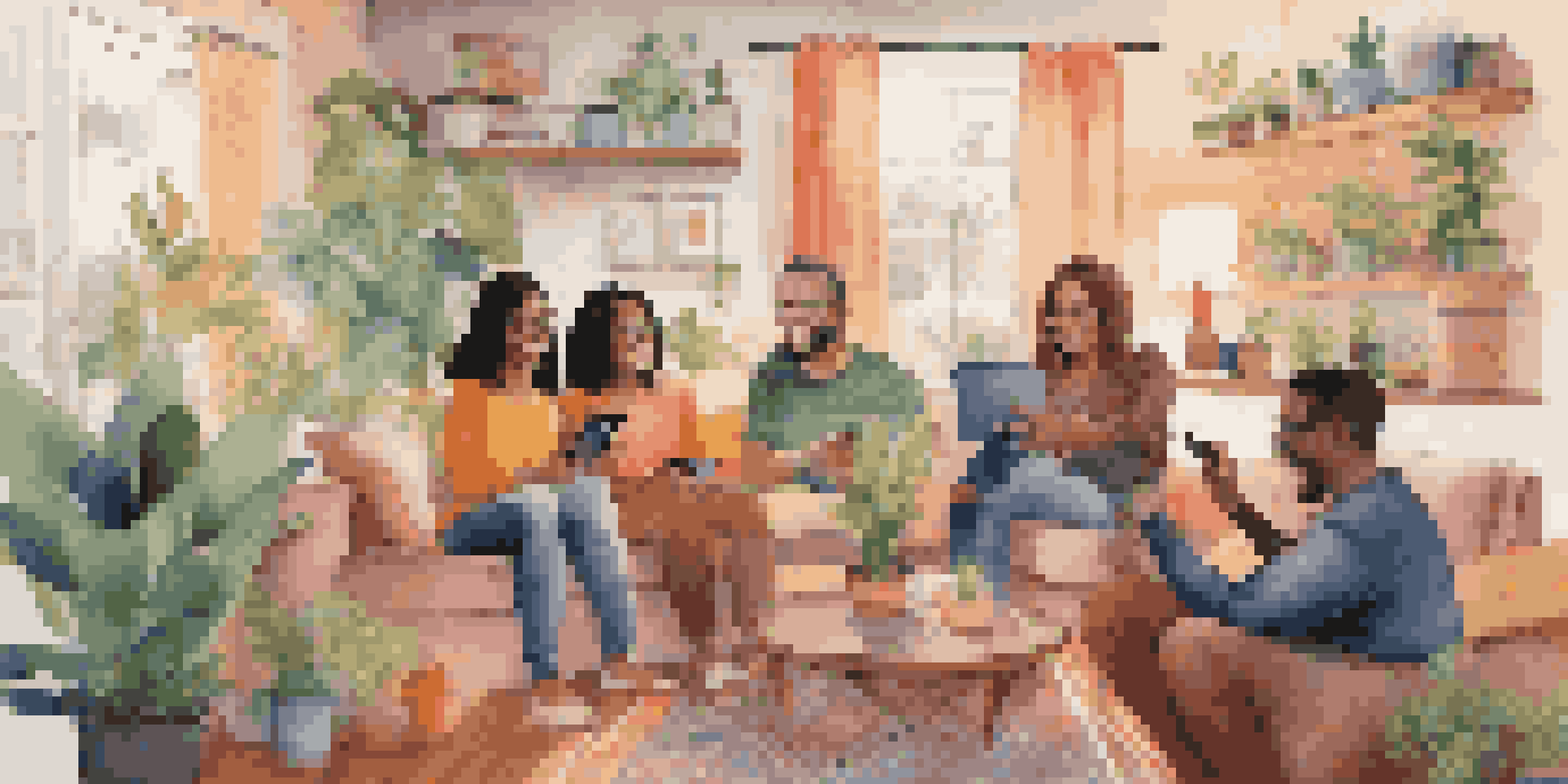 A diverse group of people interacting in a cozy living room while engaging in a live video stream, showcasing joy and community.