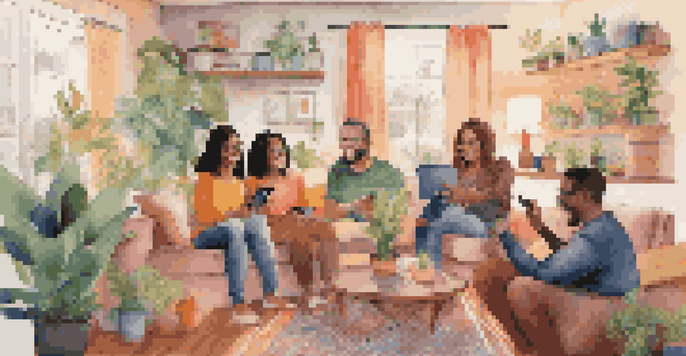 A diverse group of people interacting in a cozy living room while engaging in a live video stream, showcasing joy and community.