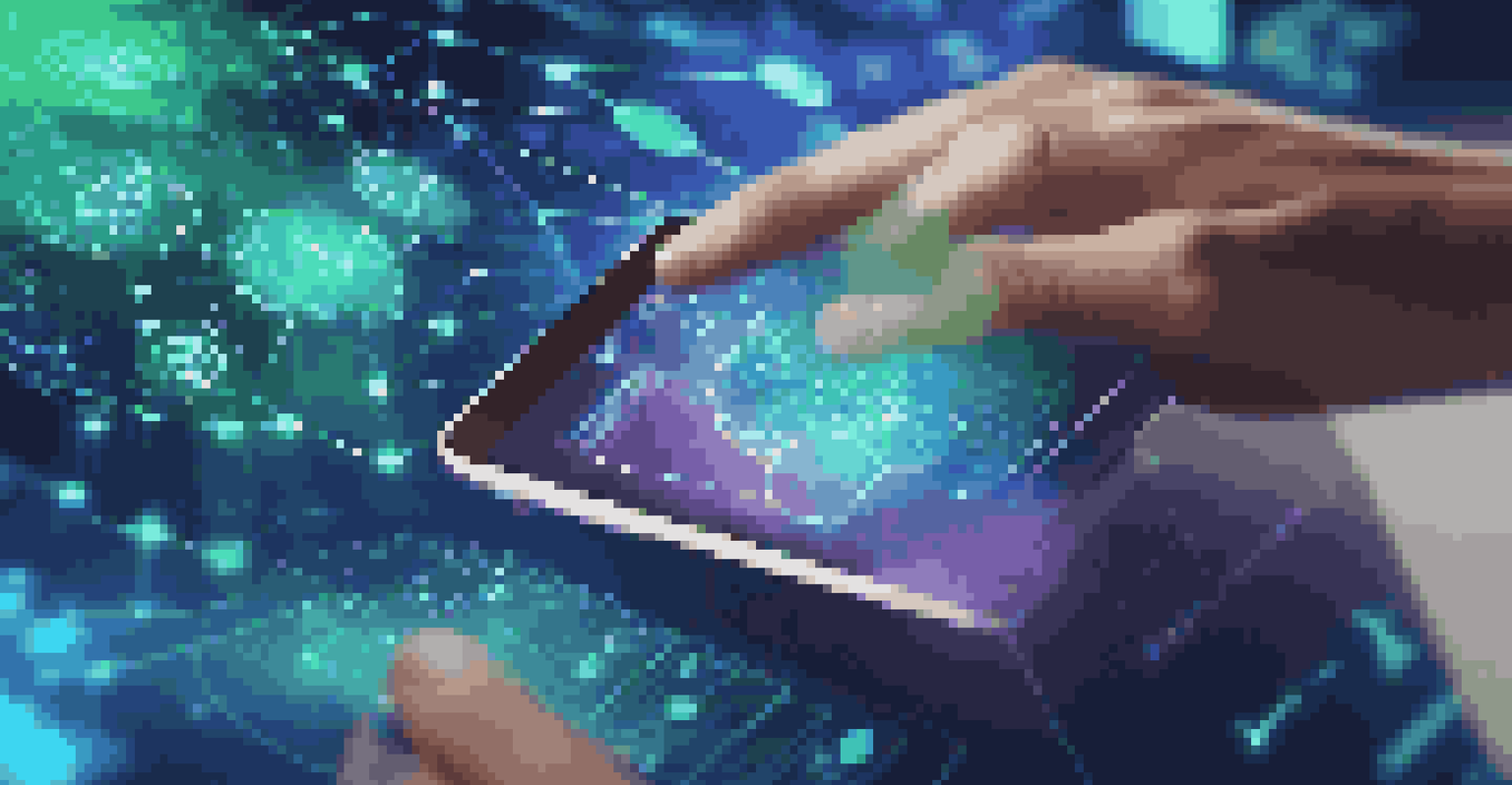 A close-up of a hand using a digital interface with blockchain technology symbols and colorful graphs.