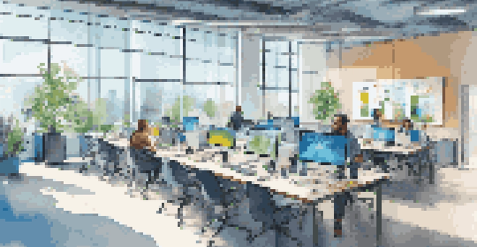 A bright open-plan workspace in a business accelerator with diverse entrepreneurs engaged in discussions and digital screens showing data analytics.