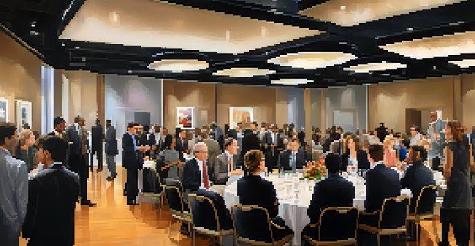A group of diverse professionals engaged in conversations at a networking event, with a banner that says 'Networking for Success'.