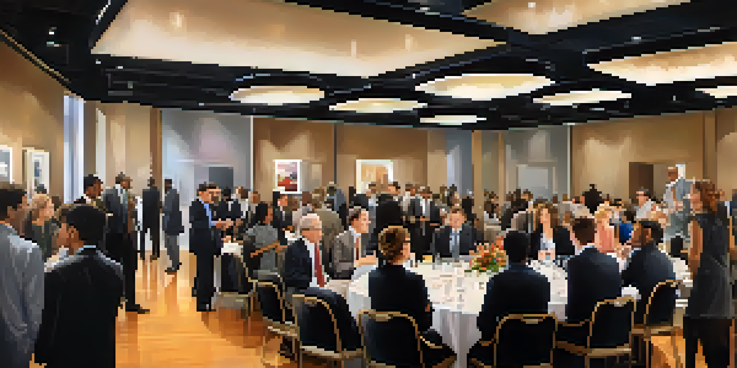 A group of diverse professionals engaged in conversations at a networking event, with a banner that says 'Networking for Success'.