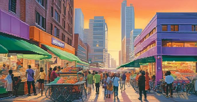A busy city street at sunset with people, street vendors, and modern buildings, creating a vibrant atmosphere.