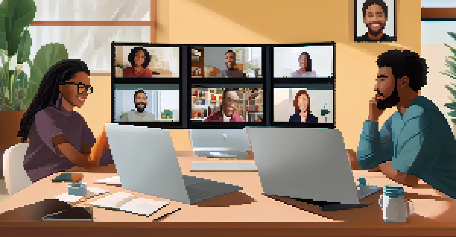 A virtual team meeting showing diverse individuals on a video call, each in their unique home office environments.