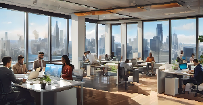A diverse group of professionals working together in a bright modern office, discussing and using digital devices with a city skyline in the background.