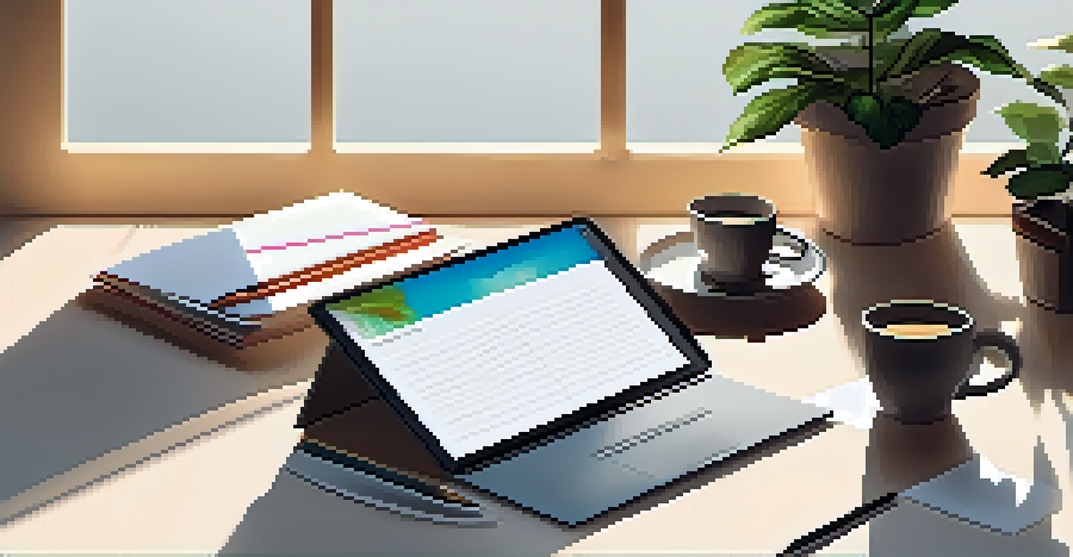 A workspace with a laptop, notepad, and coffee cup, illuminated by sunlight from a window.