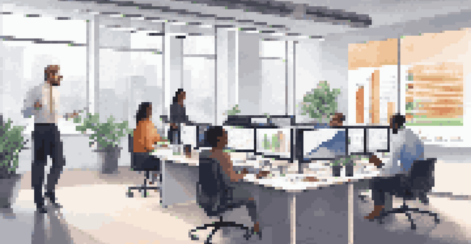 A diverse group of market researchers in a bright office, analyzing colorful graphs and charts on large screens.