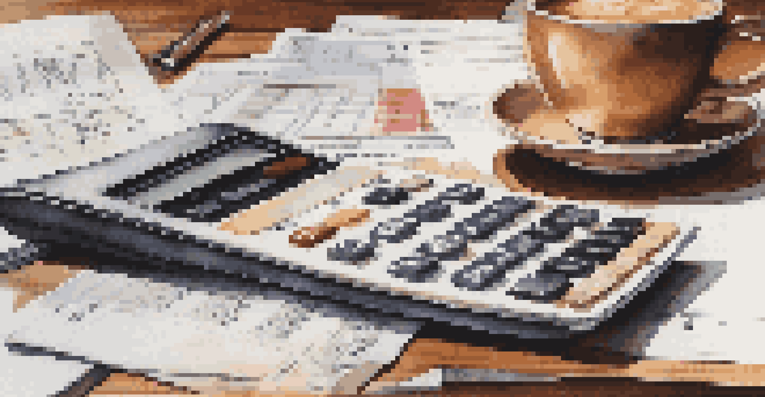 A close-up view of a calculator and financial documents on a wooden table, with a cup of coffee in the background.