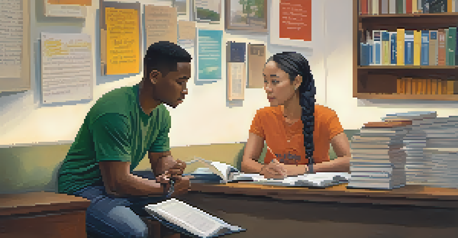 A mentor and mentee discussing in a cozy office corner, surrounded by books and quotes.