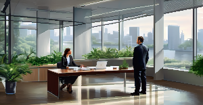 A business meeting where one professional listens intently to another in a bright office, emphasizing active listening.