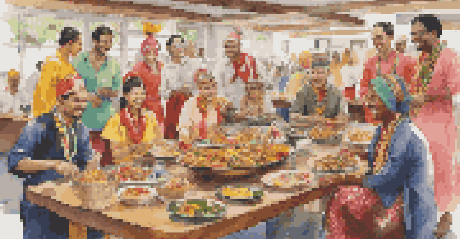 Employees celebrating cultural diversity in the workplace, showcasing traditional attire and an array of dishes representing different cultures.