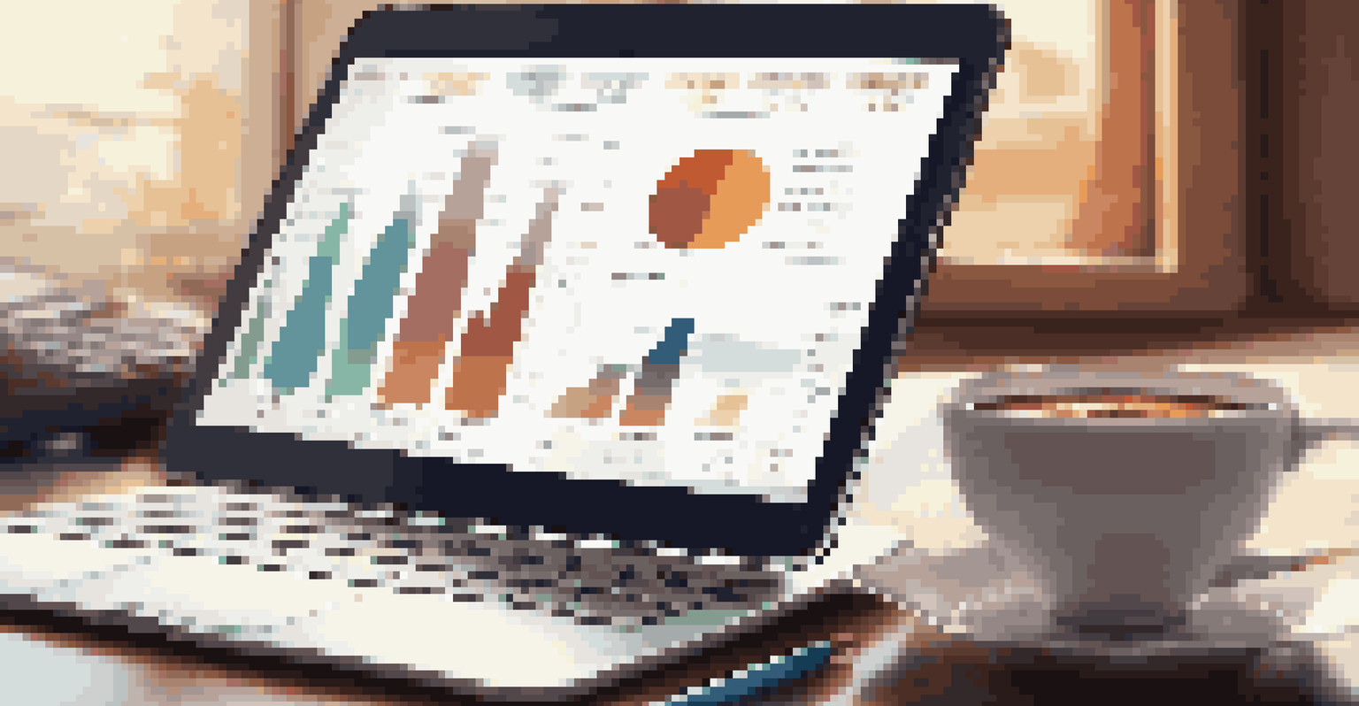 A close-up of a digital tablet showing business performance graphs, with a blurred background of a cozy workspace and a cup of coffee.