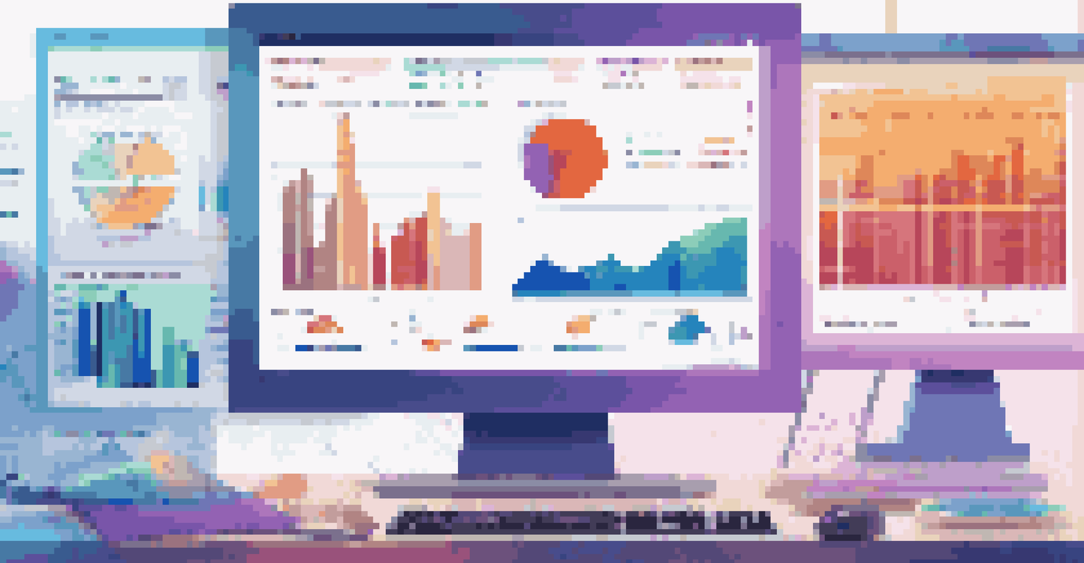 A computer screen showing a colorful dashboard with graphs and analytics tools, set in a blurred office background.