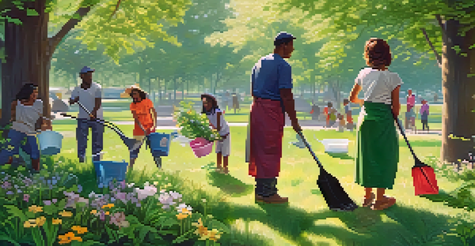 A diverse group of people participating in a community clean-up in a green park, surrounded by trees and flowers, under a sunny sky.
