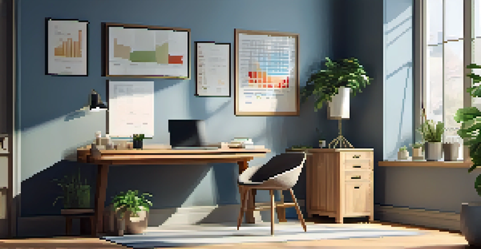A bright and inviting modern office workspace with a wooden desk, laptop displaying market trend graphs, and a potted plant, illuminated by natural light from a window.
