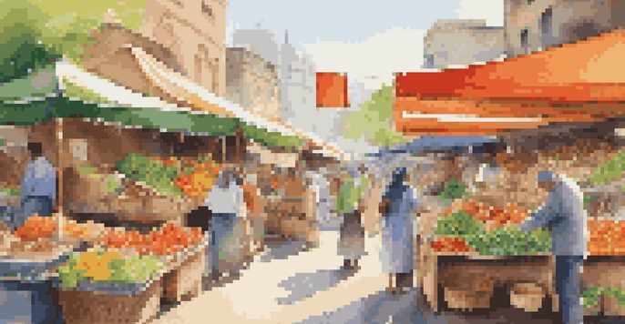 A lively marketplace with stalls displaying sustainable products, sunlight filtering through green canopies, and shoppers engaging with eco-friendly items.