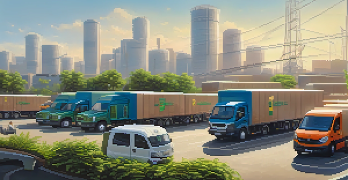A logistics hub with electric delivery vehicles and traditional trucks under warm sunlight, surrounded by greenery and solar panels.