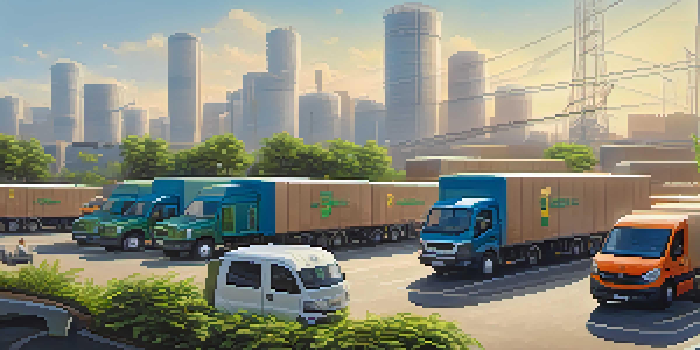 A logistics hub with electric delivery vehicles and traditional trucks under warm sunlight, surrounded by greenery and solar panels.