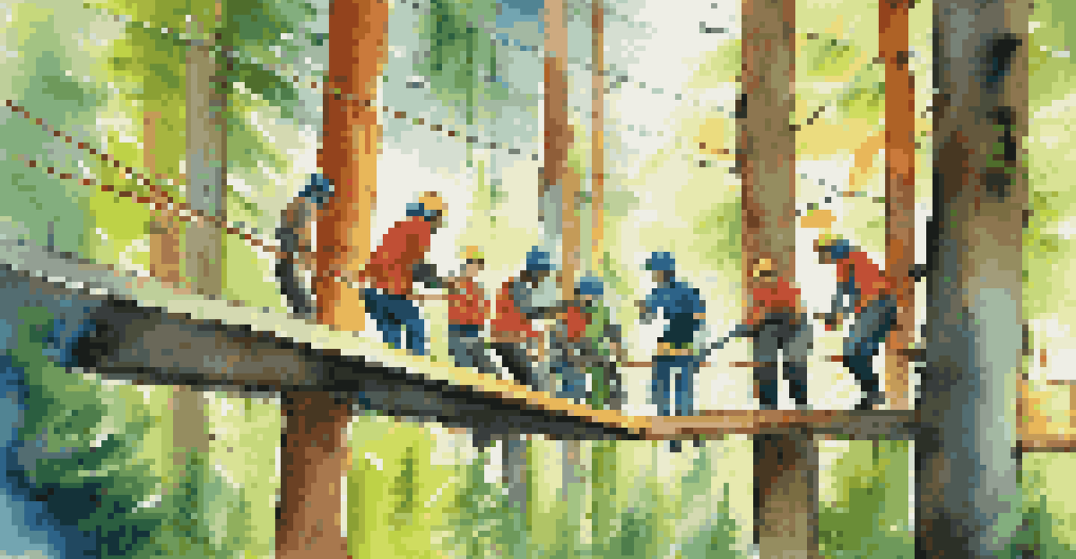 Employees engaged in a ropes course activity in a vibrant forest, collaborating to overcome challenges with bright safety gear.