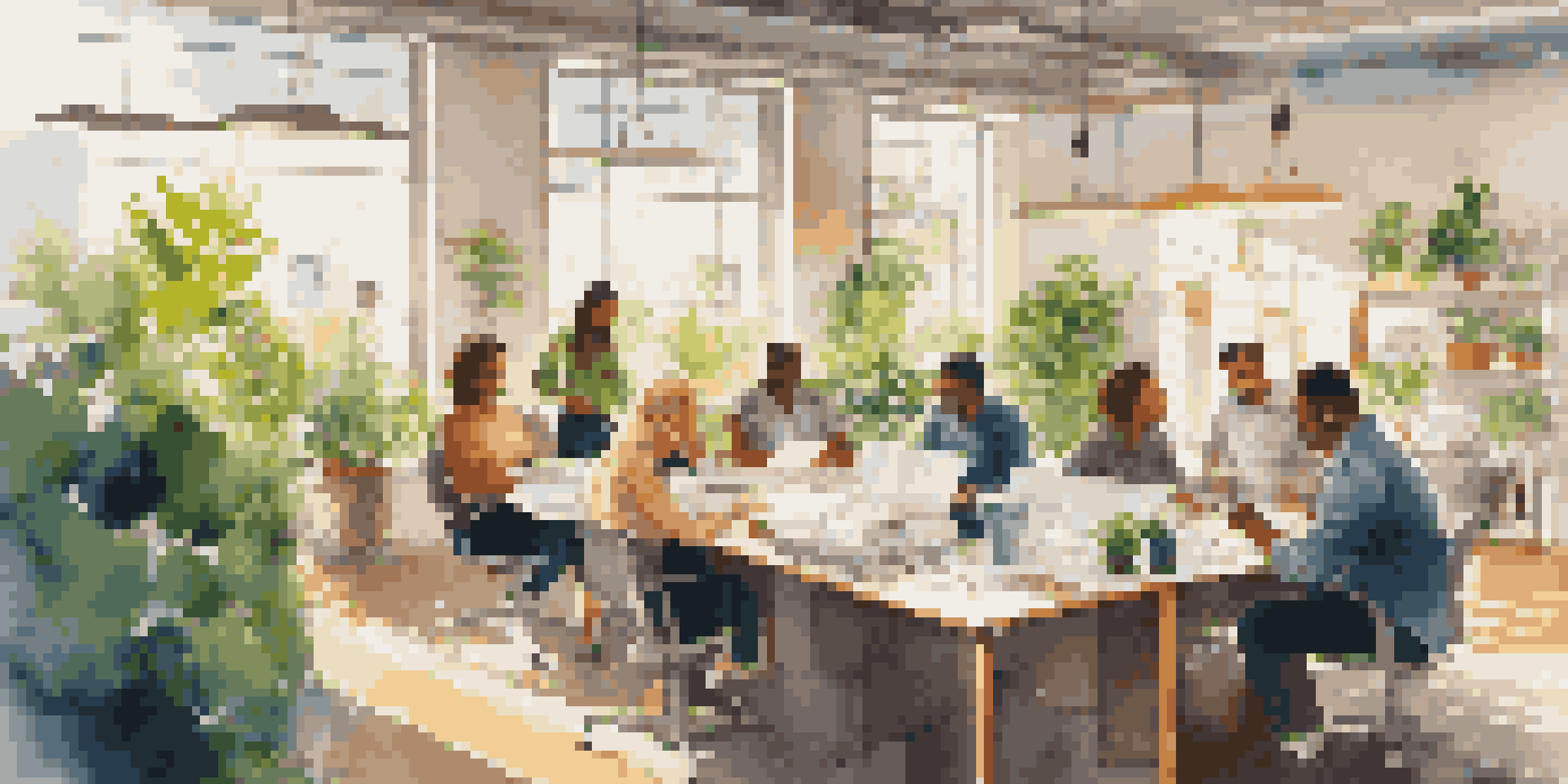 A bright office environment with employees working together around a table, illuminated by natural light from large windows.