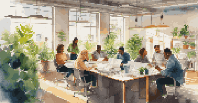 A bright office environment with employees working together around a table, illuminated by natural light from large windows.