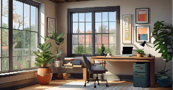 A warm and inviting home office with a modern desk, laptop, and natural light from a window.