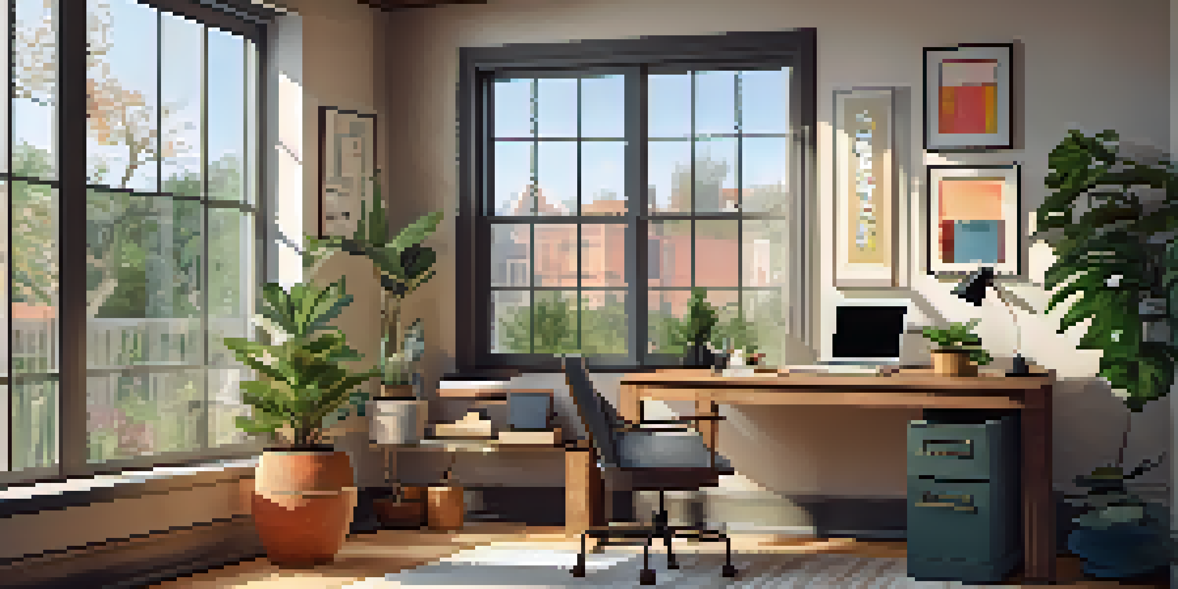 A warm and inviting home office with a modern desk, laptop, and natural light from a window.