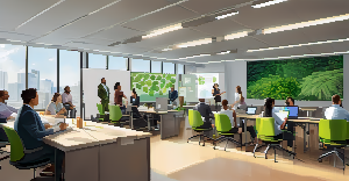 A vibrant office training room where diverse employees are collaborating in a workshop, with a projector display and natural light from large windows.