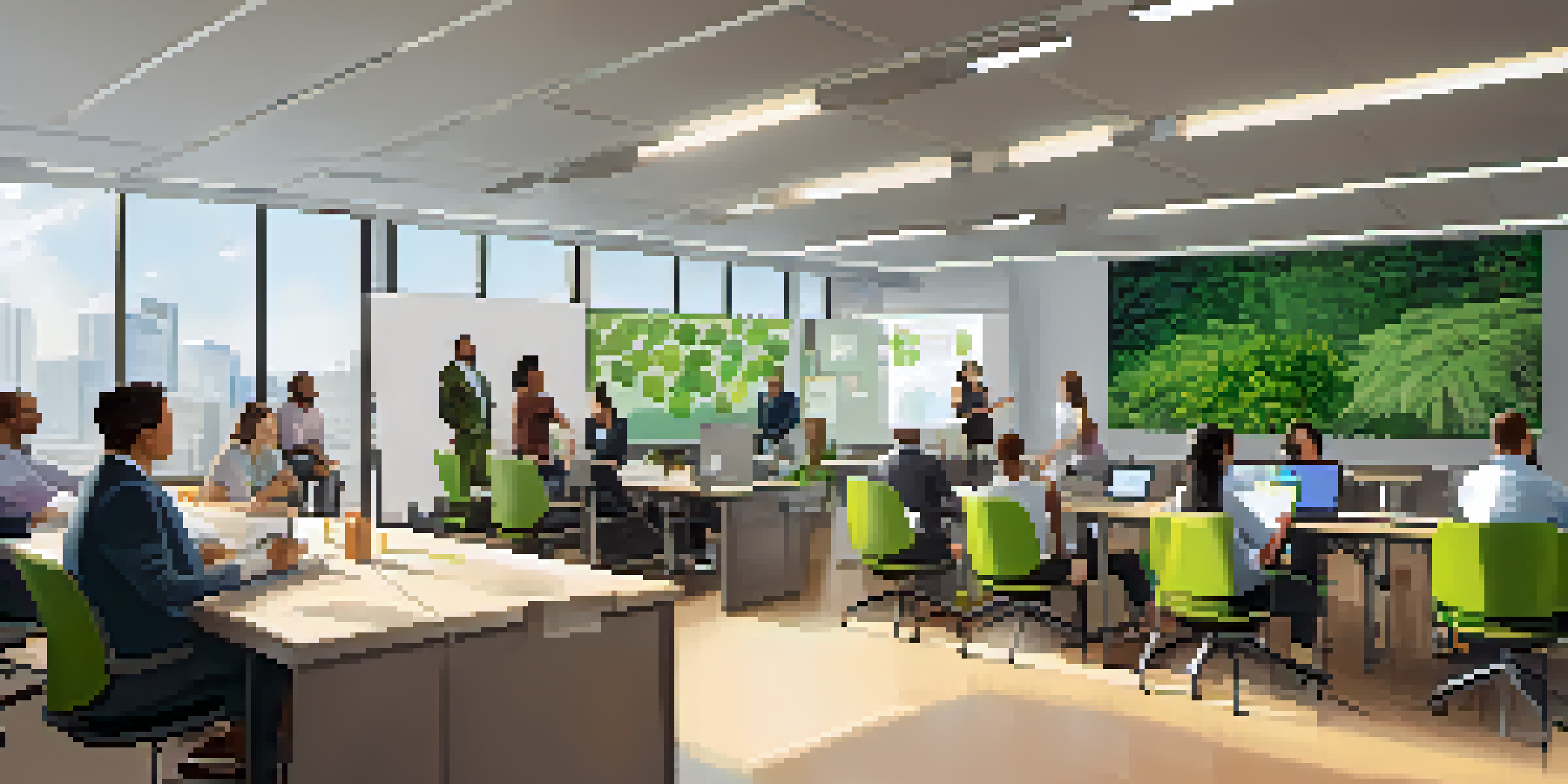 A vibrant office training room where diverse employees are collaborating in a workshop, with a projector display and natural light from large windows.