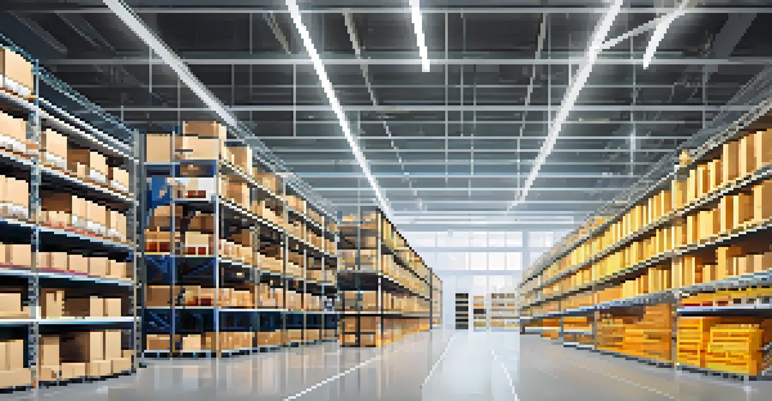 A modern warehouse featuring an AI-driven inventory management system, with organized shelves and a computer screen displaying analytics and forecasts.