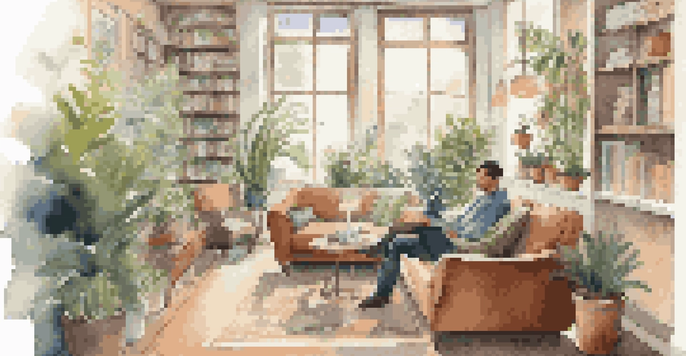 An employee relaxing in a cozy lounge area, reading a book amidst plants and artwork, emphasizing personal time.