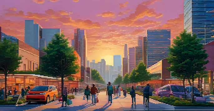 A sunset view of a modern city skyline with green rooftops and solar panels, featuring people walking on tree-lined streets and electric vehicles.
