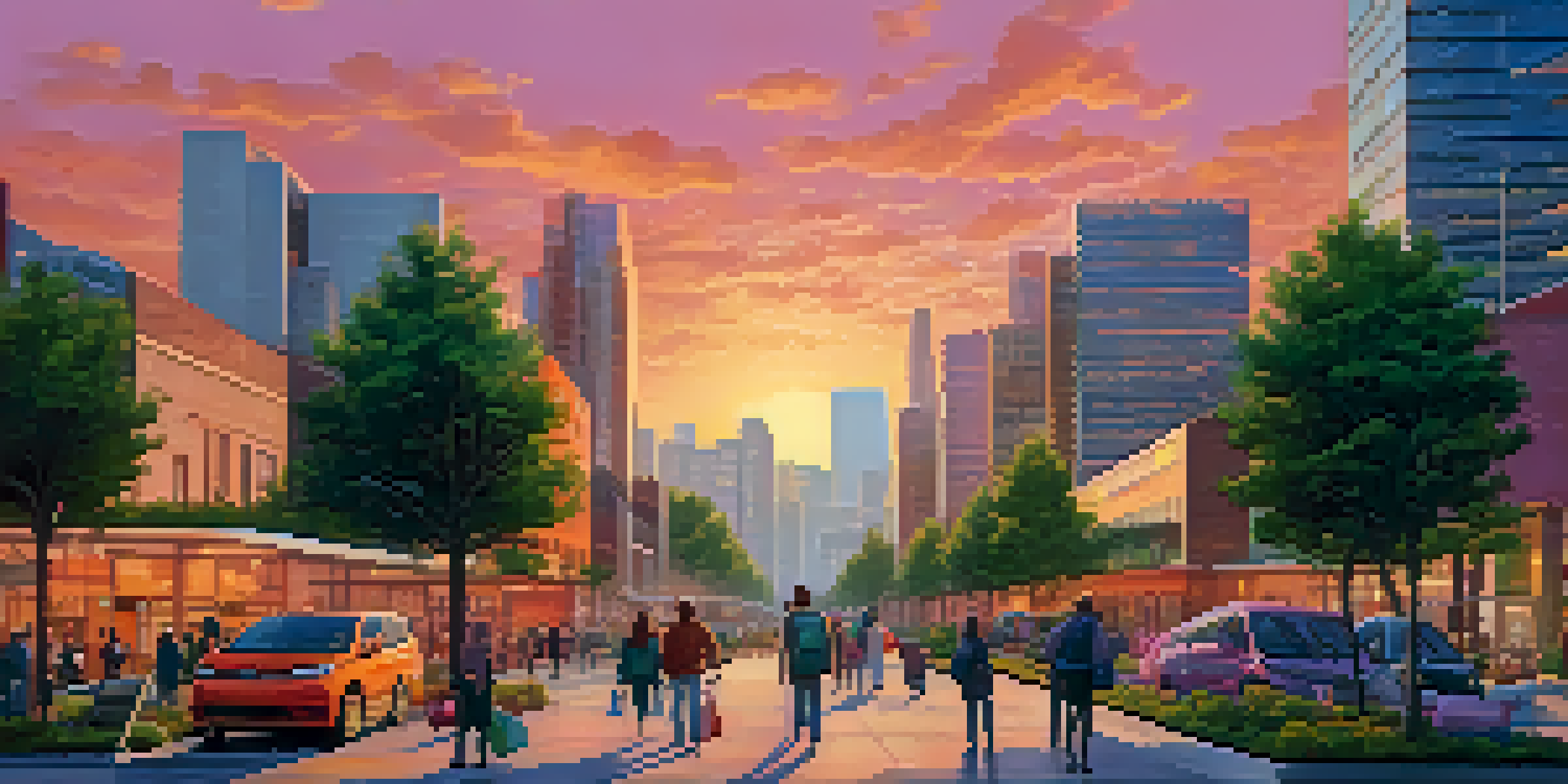 A sunset view of a modern city skyline with green rooftops and solar panels, featuring people walking on tree-lined streets and electric vehicles.