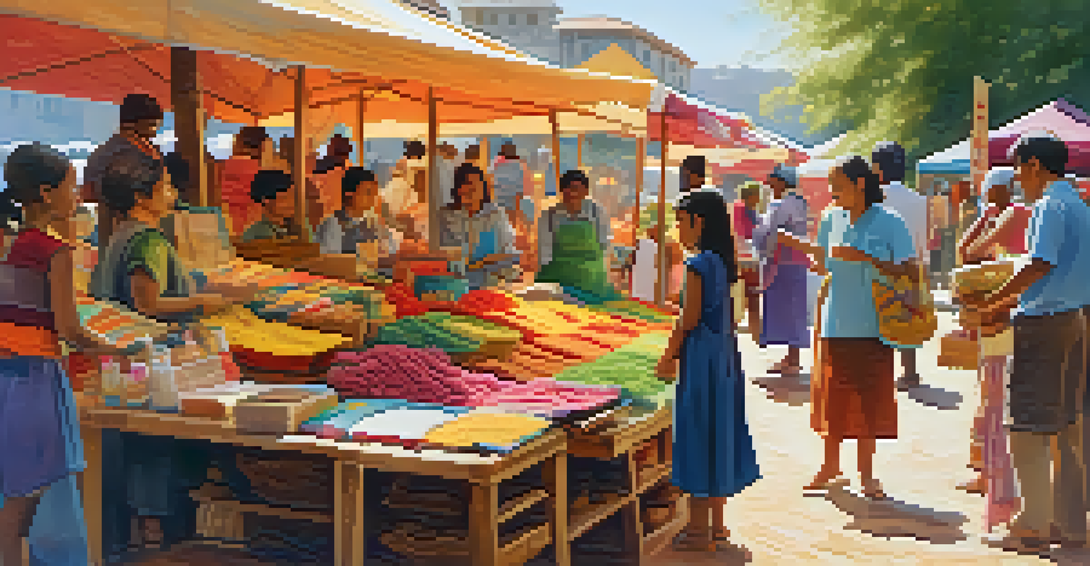A lively outdoor market with diverse people enjoying handmade crafts and organic products under colorful banners, with children playing nearby.