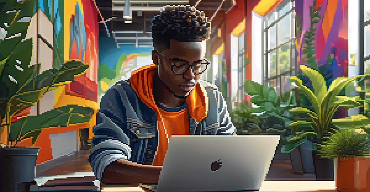 A young Kenyan entrepreneur working on a laptop in a colorful co-working space, symbolizing innovation and creativity.