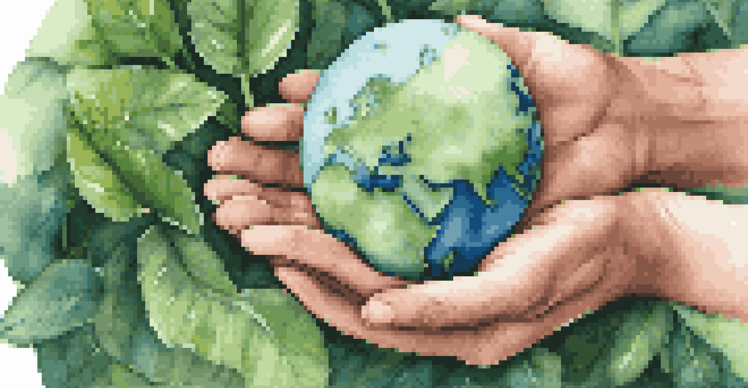 A hand holding a globe made of recycled materials, surrounded by green plants, representing sustainability.