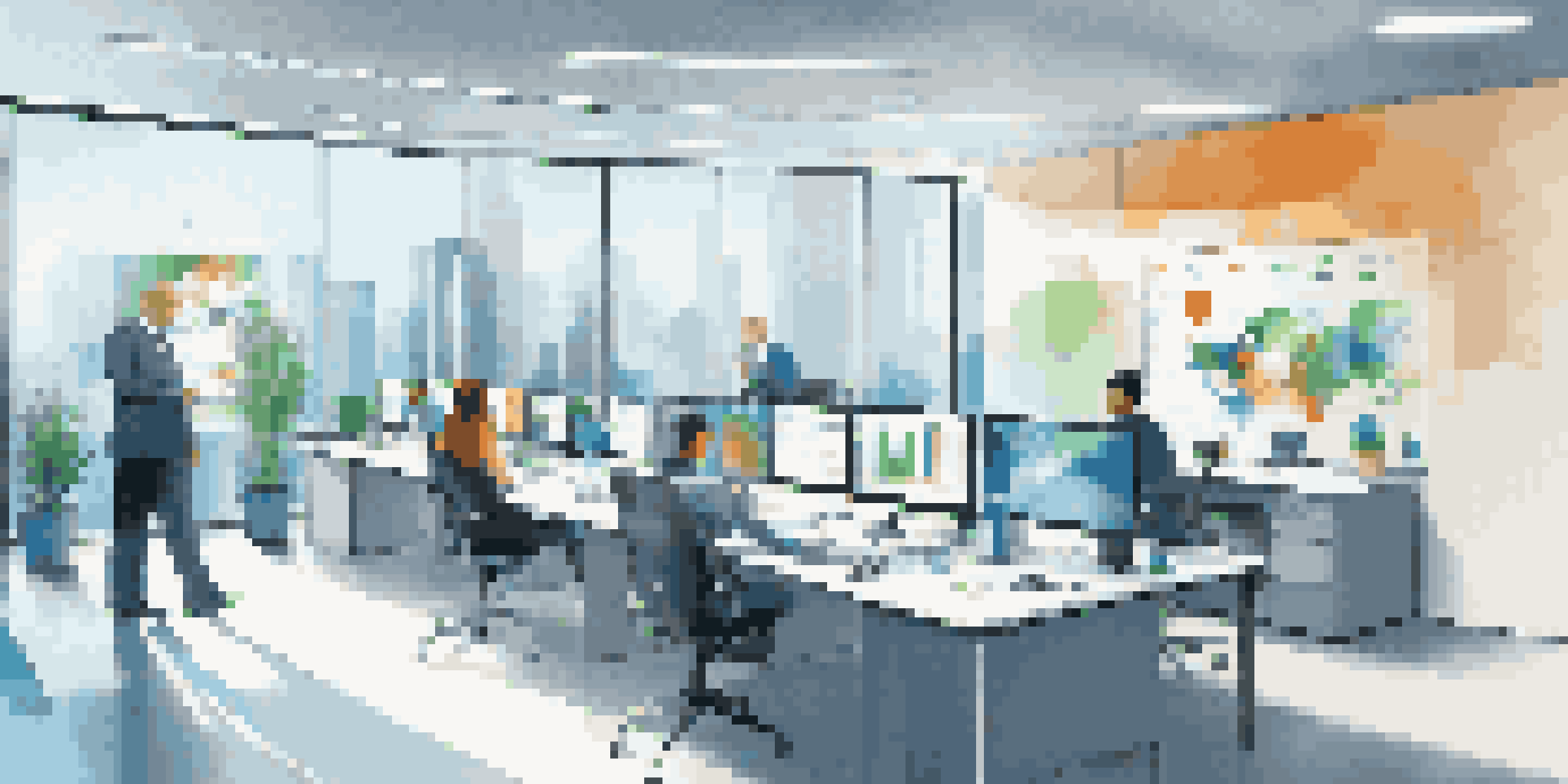 A modern office with a large screen showing a CRM dashboard, professionals collaborating at a conference table, and natural light coming through windows.