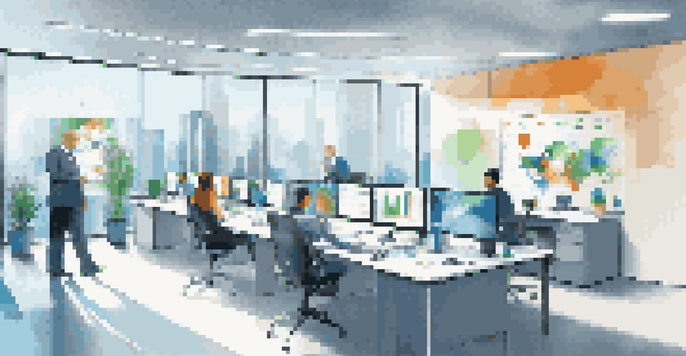 A modern office with a large screen showing a CRM dashboard, professionals collaborating at a conference table, and natural light coming through windows.