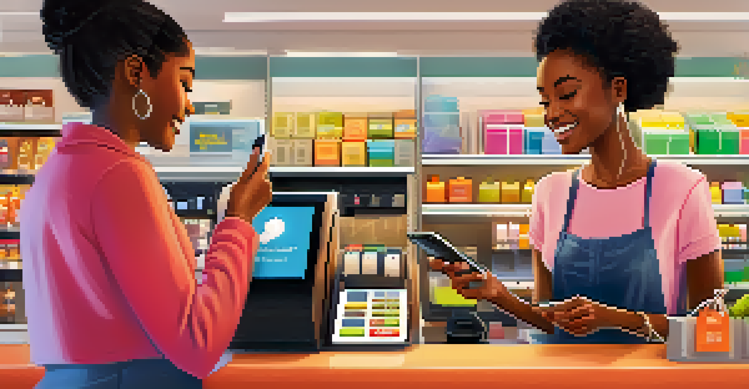 A person making a contactless payment with their smartphone at a cheerful retail store checkout.