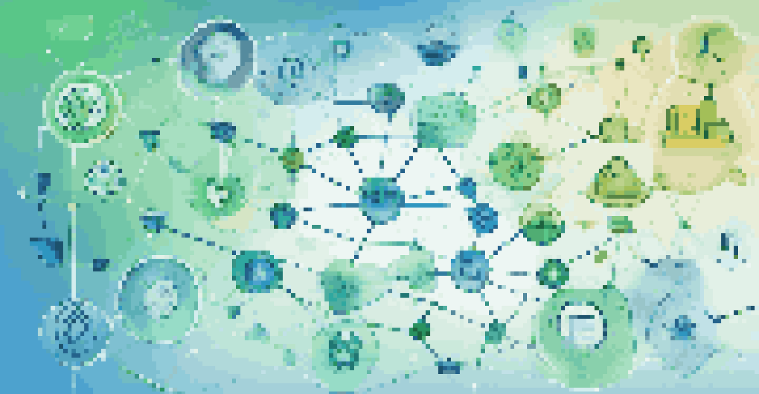 An abstract design showing interconnected nodes and icons representing risk management, set against a blue and green gradient background.