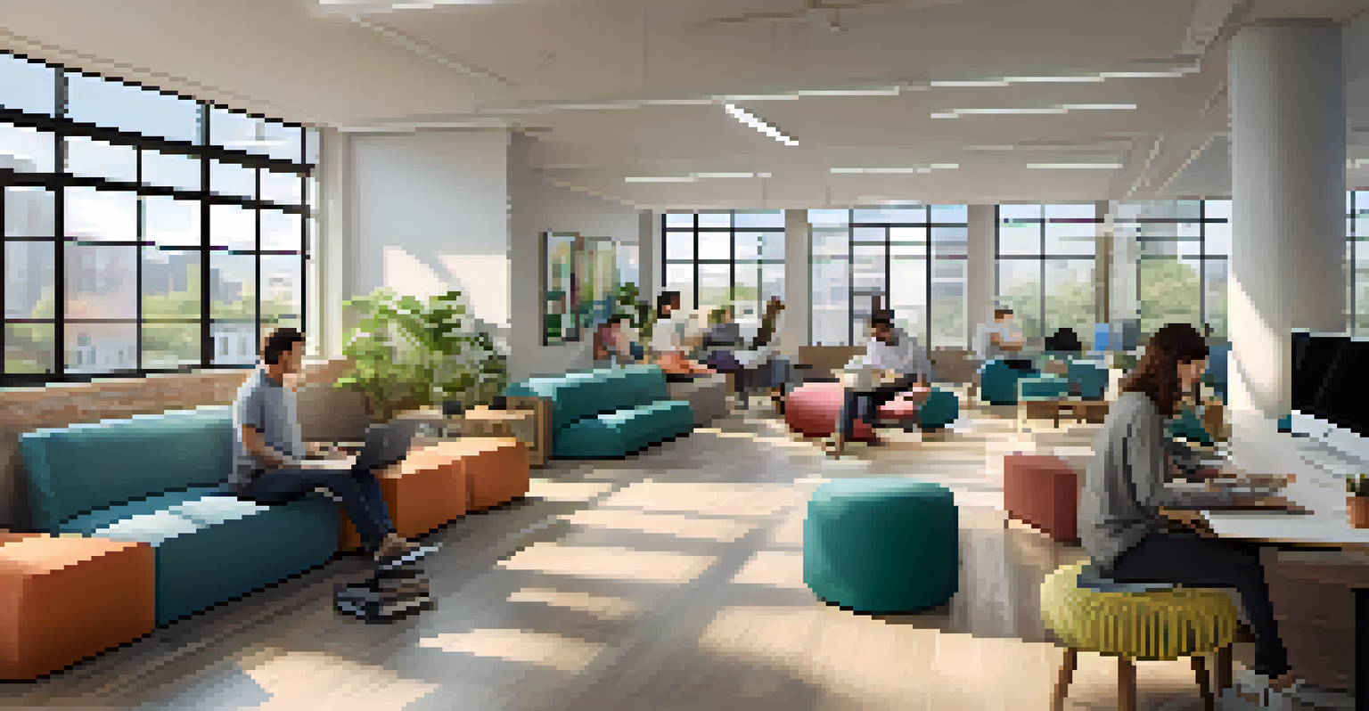 A flexible workspace featuring comfortable seating and employees working on laptops, with natural light and an open atmosphere.