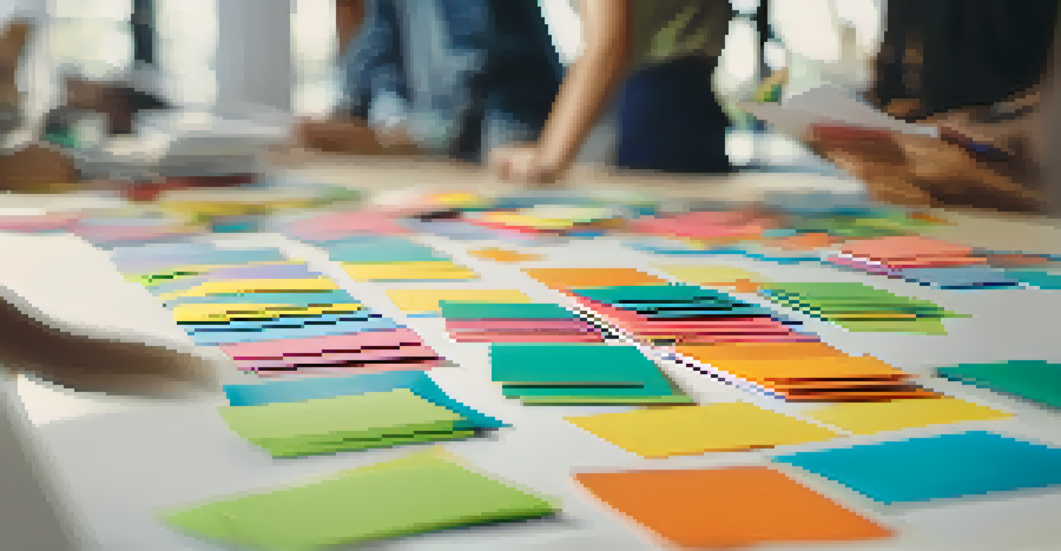 A close-up of a scrum board with colorful task cards in a bright workspace, showing teamwork and collaboration.