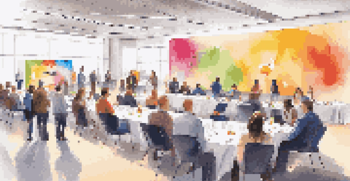 A lively conference hall filled with attendees networking and engaging in discussions, with colorful branding and warm lighting.