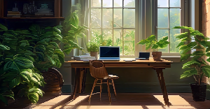 A cozy workspace featuring a laptop, plants, and a cup of coffee, illuminated by soft morning light.