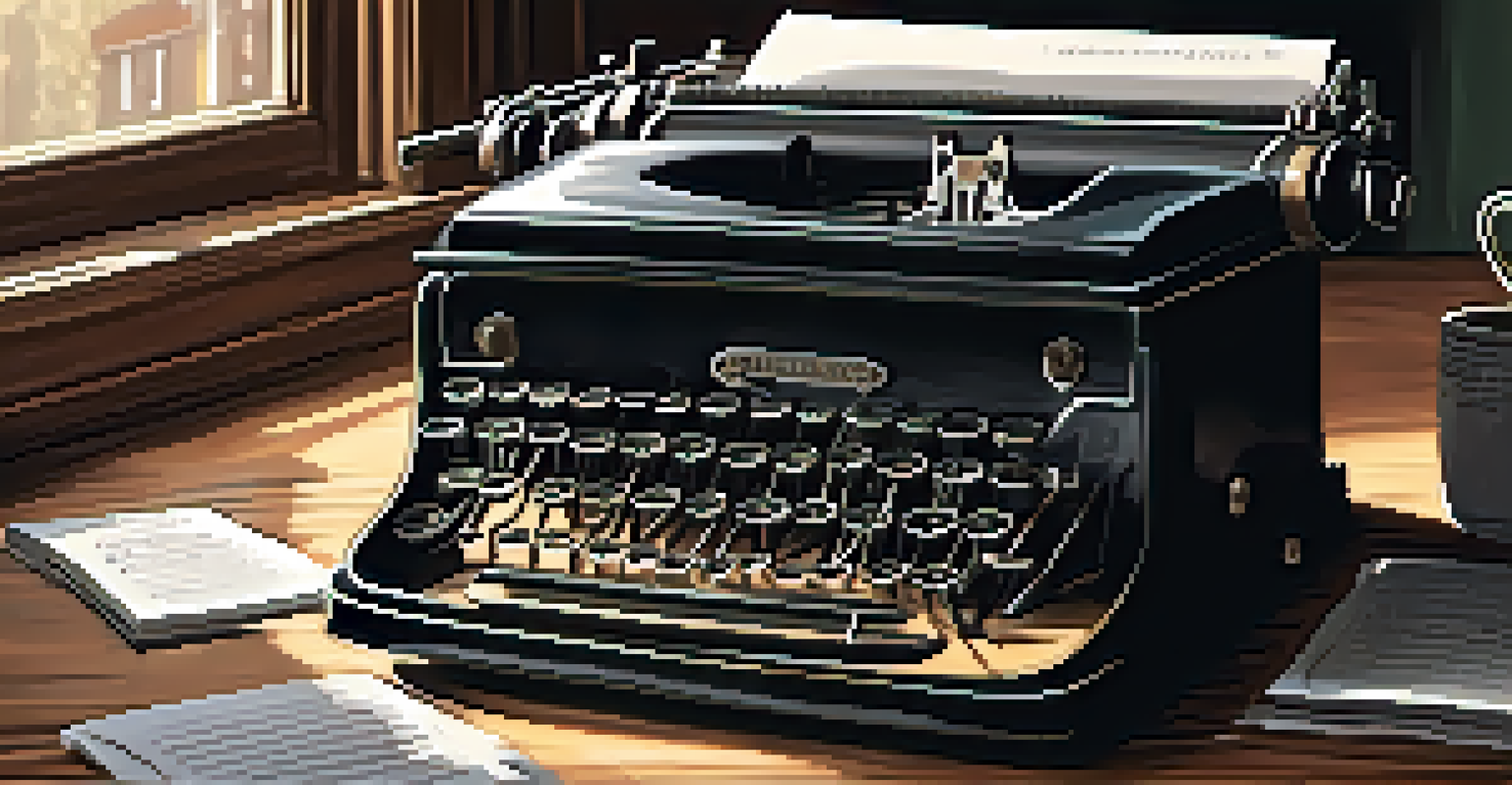A vintage typewriter on a wooden desk with scattered papers and a steaming cup of coffee.