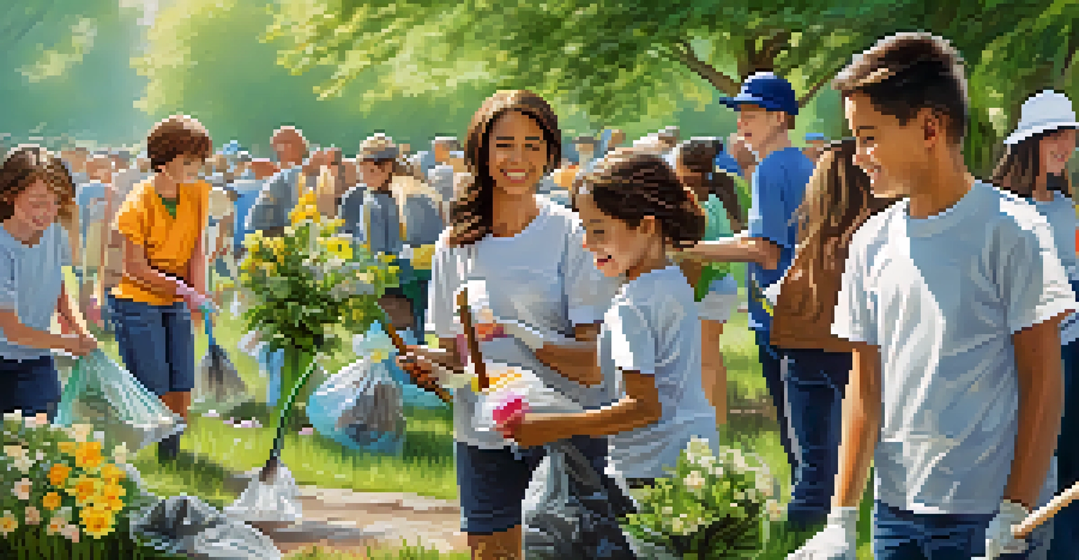 Volunteers of different ages smiling while participating in a community clean-up event in a park, surrounded by blooming nature.